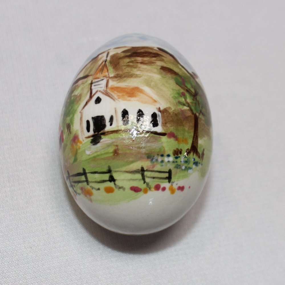 Painted Ceramic Egg Church and Barn Scene